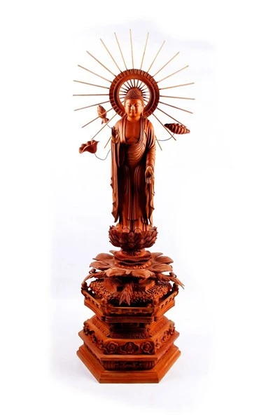 Lotus Shape Base Wooden Carving Sakyamuni Buddha